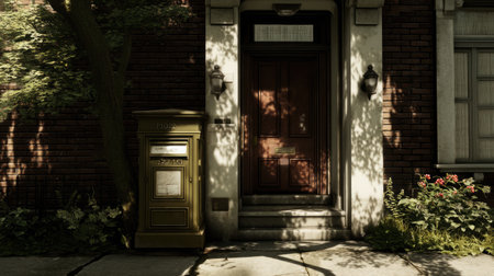 A picturesque house entrance featuring a vintage mailbox, surrounded by vibrant flowers and greenery, casting gentle shadows in warm sunlight.の素材