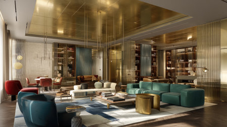 This modern luxury living room features elegant gold accents and stylish furniture, creating a welcoming ambiance for relaxation and entertainment.の素材