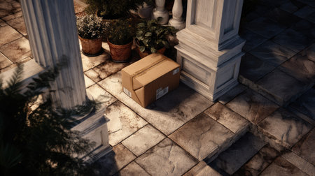 A brown cardboard box sits on stone steps of a porch, surrounded by lush greenery and decorative pots, inviting curiosity in a serene outdoor setting.の素材