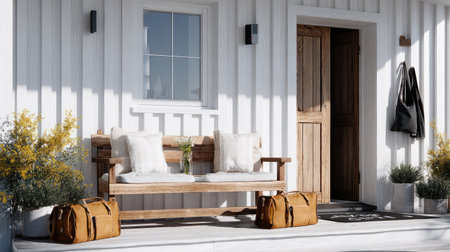A charming front porch featuring a wooden bench with soft cushions, stylish luggage, and vibrant flowers, creating an inviting atmosphere for relaxation.の素材