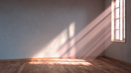 A tranquil indoor scene featuring soft sunlight streaming through a window, creating gentle shadows on a wooden floor. Perfect for serene design concepts.の素材