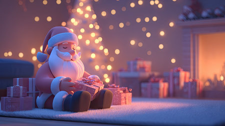 A delightful scene of Santa Claus sitting by a beautifully decorated Christmas tree, surrounded by gifts, evoking warmth and festive cheer during the holiday season.の素材