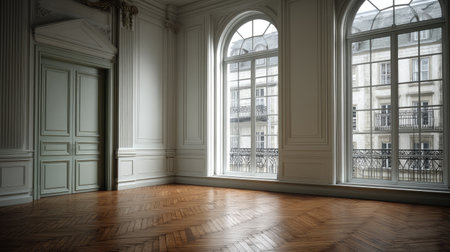This image features a spacious room with large classic windows, highlighting the elegant wooden floor and soft natural light, ideal for interior design inspiration.の素材
