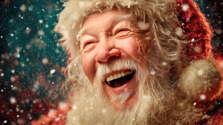 This captivating image features a joyful Santa Claus with a white beard, smiling cheerfully amidst falling snow and sparkling lights, capturing the essence of festive spirit.の素材