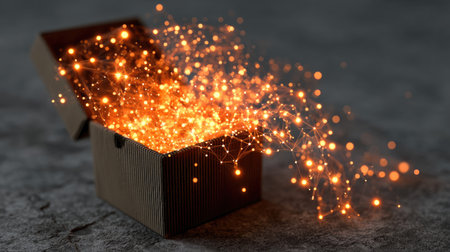 A captivating image of an open box releasing a cascade of glowing lights and particles, evoking a sense of magic and wonder perfect for creative projects.の素材