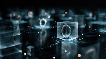 Enhance your project with this captivating image of transparent cubes illuminating a digital network, showcasing modern technology and innovative design concepts.の素材