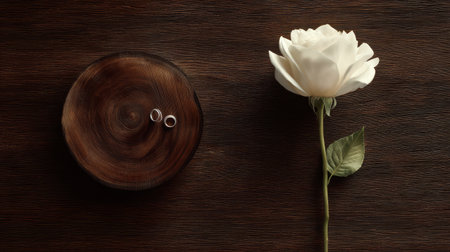This beautiful composition features a white rose and two wedding rings resting on a wooden background, symbolizing love and commitment in a serene setting.の素材
