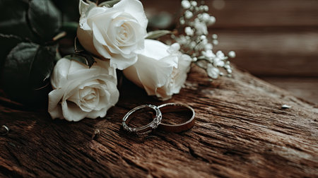 This stunning image features elegant wedding rings resting on a rustic wooden surface, beautifully accompanied by fresh white roses, embodying love and celebration.の素材