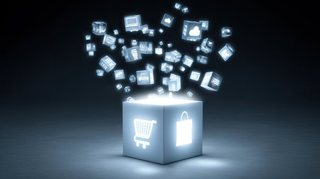 This visually compelling image showcases a bright box from which various shopping-related icons emerge, symbolizing the dynamic world of online shopping and e-commerce.の素材