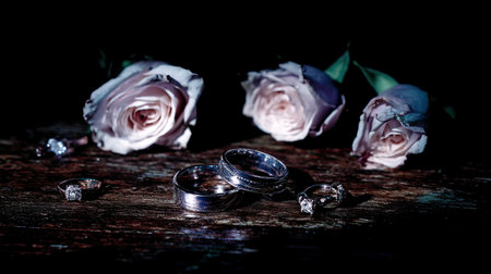 An enchanting arrangement featuring silver wedding rings nestled among delicate pink roses on a rustic wooden surface, ideal for romantic themes.の素材