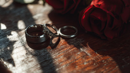 This artistic image captures elegant wedding rings resting on a wooden surface with vibrant red roses, showcasing romance and beauty in soft light.の素材