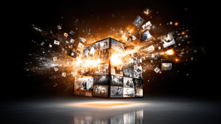 A captivating visualization of a cube exploding with images and bright sparks against a dark backdrop, symbolizing creativity and digital innovation.の素材