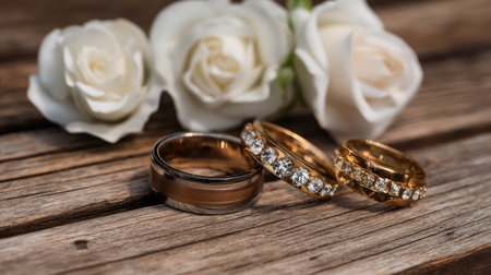 This elegant arrangement showcases three exquisite wedding rings beside delicate white roses on a rustic wooden table, symbolizing love and commitment.の素材