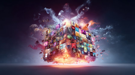 This captivating image showcases a vibrant explosion of colorful screens, emitting bright energy and light in an abstract backdrop, symbolizing the power of digital media and technology.の素材