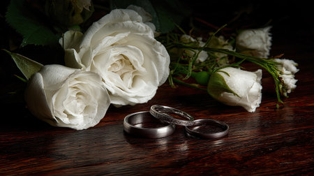 This captivating still life features exquisite white roses alongside elegant wedding rings, symbolizing love and commitment. Perfect for romantic themes.の素材