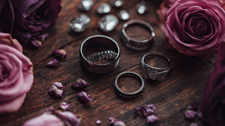 This captivating image captures elegant silver rings surrounded by lush roses and delicate petals, set against a dark wooden background, perfect for romantic themes.の素材