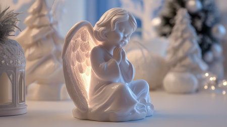 This delicate white angel figurine, poised in prayer, emits a gentle glow, creating a serene ambiance amidst festive winter decor and joyful holiday spirit.の素材
