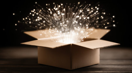 An enchanting open box with radiant sparkles and glowing lights bursts forth in a dark setting, creating a captivating scene of surprise and wonder.の素材