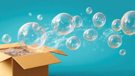An open cardboard box releases a stream of iridescent bubbles against a bright blue background, evoking feelings of playfulness and joy.の素材