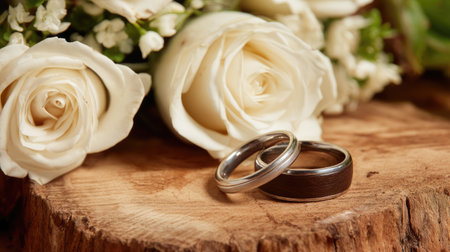 This image features elegant wedding rings set against a rustic wooden backdrop, accompanied by delicate white roses and lush greenery, embodying romance.の素材