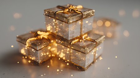 Beautifully wrapped gifts in elegant design surrounded by sparkling lights create a festive atmosphere perfect for any holiday celebration or special occasion.の素材