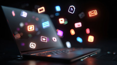 A sleek laptop sits in a dark environment, surrounded by vibrant icons representing digital communication and networking. Perfect for technology-themed projects.の素材