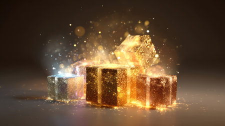 Captivating image of glowing gold and silver gift boxes surrounded by shimmering particles, presenting a magical festive atmosphere for celebrations.の素材