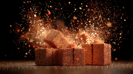 This captivating image features red gift boxes surrounded by a shower of sparkling particles, creating an enchanting festive atmosphere perfect for celebrations.の素材