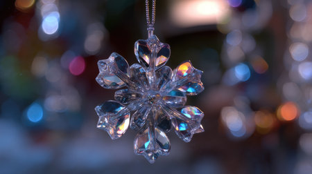 A stunning close-up of a crystal snowflake ornament, showcasing intricate details and vibrant reflections against a soft bokeh background, perfect for holiday decor.の素材