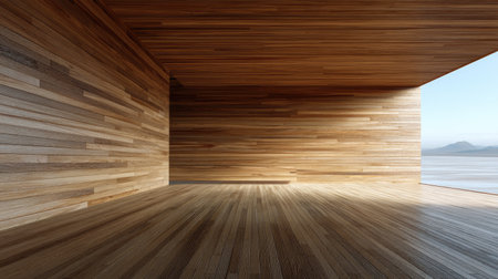 This image features a modern minimalist interior space highlighted by beautiful wooden walls and a clear entrance, showcasing tranquility and elegance.の素材