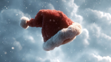 A vibrant red Santa hat floats gracefully among fluffy clouds, surrounded by delicate snowflakes, capturing the essence of festive cheer and holiday spirit.の素材