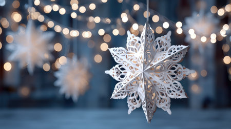 This enchanting image features a delicate white snowflake ornament hanging gracefully against a soft bokeh background, creating a magical winter ambiance.の素材
