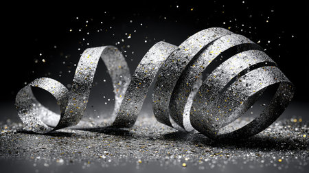 This stunning image features a shimmering silver ribbon curving elegantly with glitter accents on a dark background, ideal for festive themes.の素材