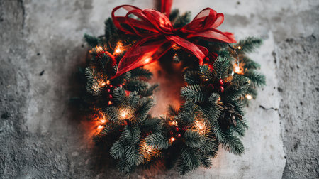A beautiful Christmas wreath adorned with a vibrant red bow and warm lights, perfect for festive decorations. Set against a textured background, this image captures the essence of holiday cheer and seasonal joy.の素材