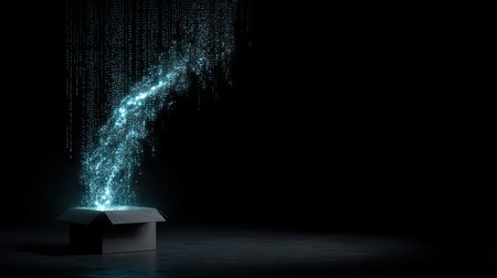 This captivating image showcases a box from which a radiant stream of glowing data emerges, set against a dark background, symbolizing endless possibilities.の素材