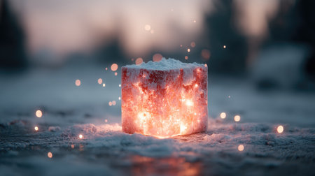 A glowing ice block sits peacefully in a snowy landscape, surrounded by shimmering light particles, creating a magical winter scene at dusk.の素材