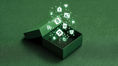 This image features a green gift box with shimmering icons representing technology, social media, and digital content emerging from it, symbolizing innovation.の素材