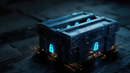 Futuristic digital lockbox with glowing blue locks symbolizes data protection and cyber security, set against a dark and high-tech background environment.の素材