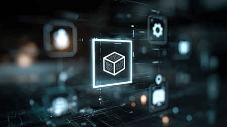 This image captures a futuristic digital environment featuring a 3D blockchain icon surrounded by glowing technology symbols, representing innovation and data security.の素材