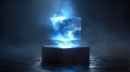 A mesmerizing floating holographic cube displays a world map, enveloped in radiant blue light and mist, creating an intriguing and futuristic atmosphere.の素材