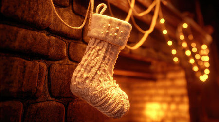A beautiful white Christmas stocking hangs from a rustic rope by a warm fireplace, surrounded by soft glowing lights, creating a cozy holiday atmosphere.の素材