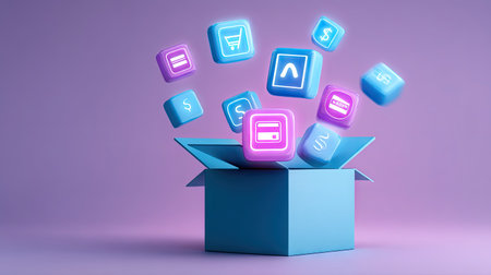 An eye-catching 3D render showcasing an open blue box with floating colorful digital icons, symbolizing online shopping and e-commerce innovations.の素材