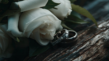 A beautiful arrangement featuring wedding rings resting on a rustic wooden surface next to fresh white roses, capturing the essence of love and commitment.の素材