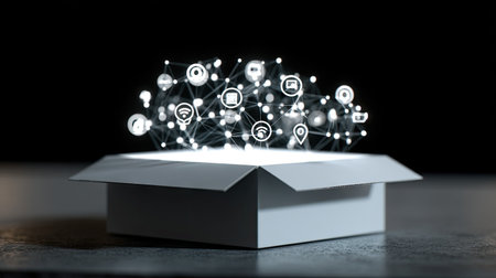 An engaging visual representation of an open box emitting a stream of floating digital icons, embodying concepts of technology, connection, and innovation.の素材