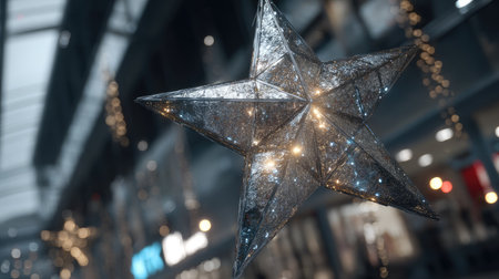 A stunning silver star decoration suspended in the air, surrounded by a magical festive atmosphere. Soft, blurred holiday lights add a warm glow, creating a joyful scene perfect for seasonal celebrations and events.の素材