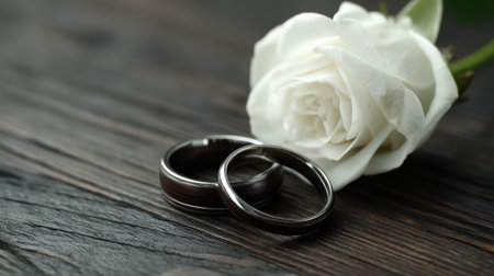 A beautiful composition featuring two wedding rings nestled beside a pristine white rose on rustic wood, symbolizing love and commitment.の素材