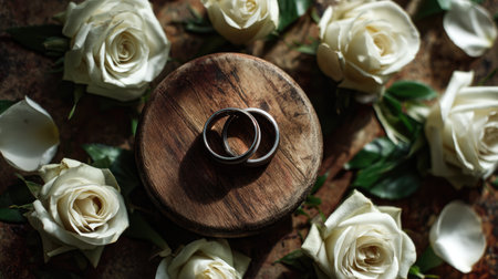 A stunning arrangement showcasing two wedding rings on a rustic wooden pedestal, surrounded by delicate white roses and lush greenery, embodying love.の素材