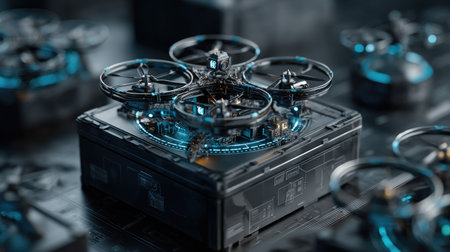A stunning representation of advanced drone technology showcased against a high-tech circuit board backdrop. The image emphasizes sleek design, innovation, and modern electronics.の素材