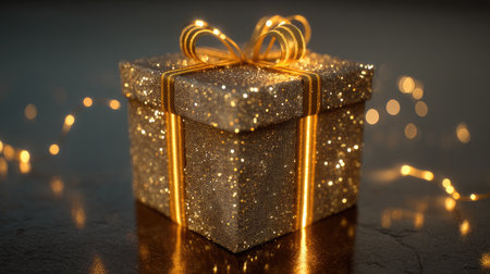 A beautifully wrapped golden gift box adorned with glitter and delicate ribbon. Perfect for holiday celebrations, birthdays, and special events, this image conveys warmth and joy.の素材