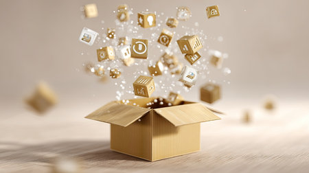 This image captures a dynamic moment with wooden blocks representing ideas and concepts bursting from a cardboard box. The soft light adds warmth and creativity.の素材